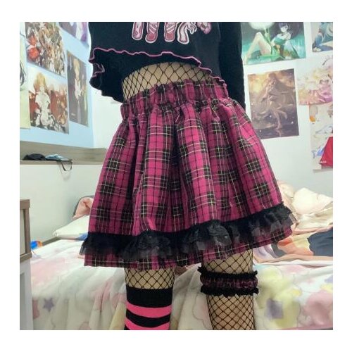 Ruibbit Summer Hot Girl Japanese Harajuku Girls Red Pink Purple Blue Plaid Skirts Punk Lace Cake Cute Lolita Kawaii MIni Skirts