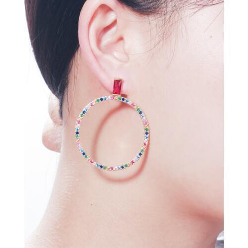 CWWZircons Brand Designer Gold Color Big Round Circle Colorful CZ Ear Loop Stud Earrings Fashion Jewelry for Women Gift CZ582