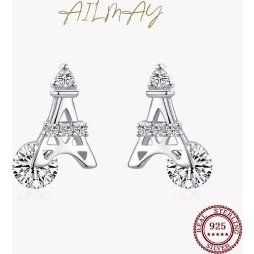 Ailmay 925 Sterling Silver Eiffel Tower Clear Zircon Stud Earrings for Women Minimalist Fine Jewelry 2021 New Style Bague