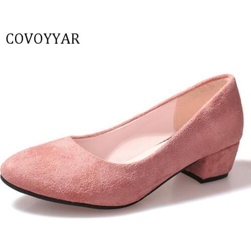 COVOYYAR Concise Women Pumps 2019 Round Toe Block High Heels Flock Lady Office Shoes Candy Color Shallow OL Shoes WHH669