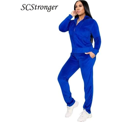 Autumn Womens Jacket Trousers Suit Solid Color Fashion Jacket Velvet Polyester Straight Leg Pants Two Piece Ensemble Femme 2021