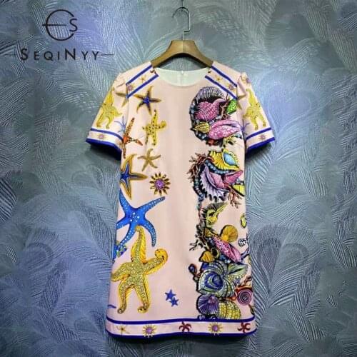 SEQINYY Pink Dress Mini 2021 Summer Spring New Fashion Design Women Runway Starfish Print Vintage Luxury Crystal High Quality