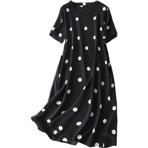 Women Summer 100% Silk Dress Black Dots Natural Silk Dresses Elegant Dress Casual holiday real silk above Knee length dress