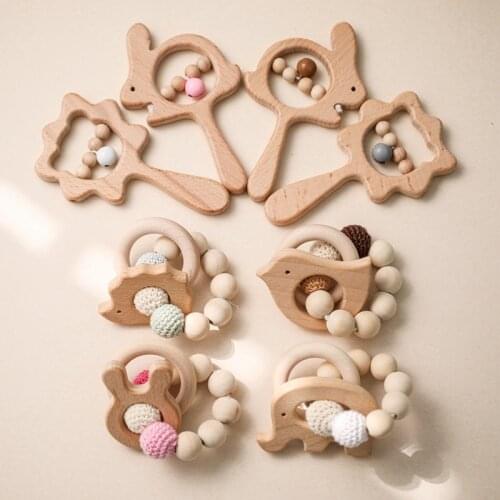 1Set Baby Toys Wooden Cartoon Animal Rattle Baby Crochet Nursing Bracelet Infant Hand Bells Shaking Early Educational Toys Gift