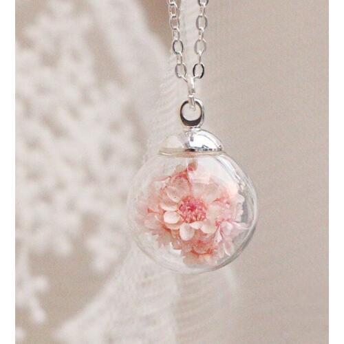 3PCS 16MM Ball Real flower Necklace Pink Flowers Pendants Real Dried Flower Wishing Bottle Glass Pendant Necklace