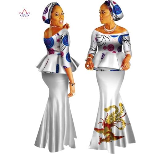 African Dashiki Print Dress Crop Tops&Skirt Set Hand Made Off Shoulder Half Sleeve African Women Clothing Long Skirt Set WY2626