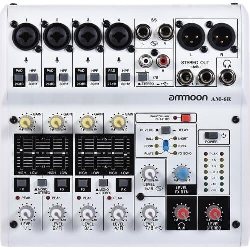 Ammoon Professional AM-6R 8-Channel Digital Audio Mixer Mixing Console Built-in 48V Phantom Power