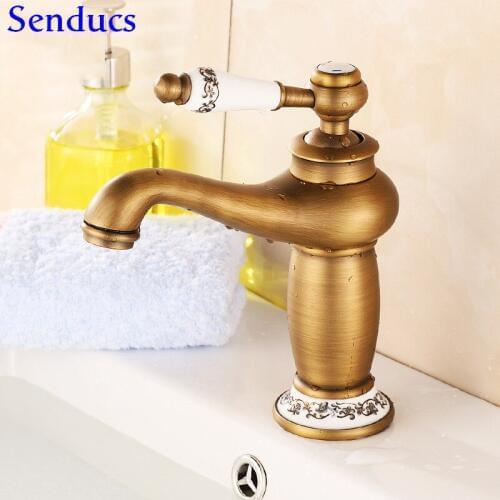 Senducs Antique Bathroom Mixer Faucet Deck Mounted Hot Cold Water Tap with Ceramic Handle Basin Faucet Antique Bathroom Faucet