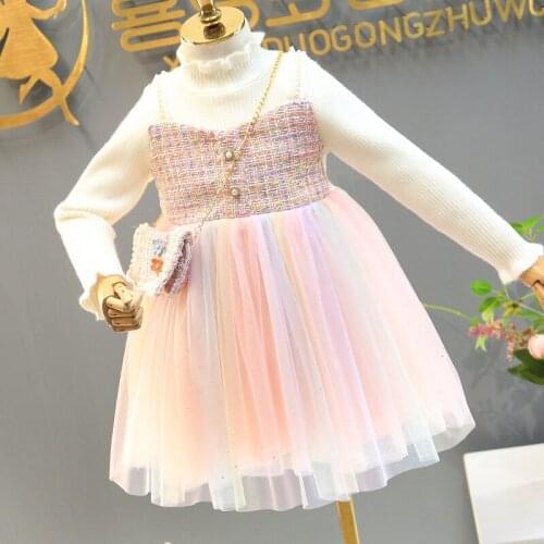 Kids Baby Sweater Dresses for Girls Rainbow Tutu Princess Dress Girls Long Sleeve Party Vestidos Autumn Children Clothes 2021
