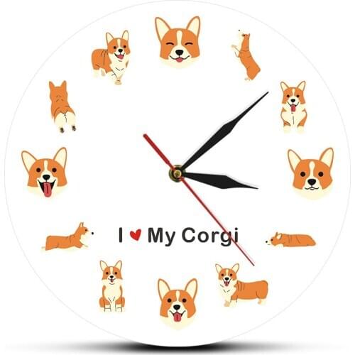 I Love My Welsh Corgi Dog Breed Cartoon Puppy Design Modern Wall Clock Adorable Doggie Pet Wall Watch Corgi Lovers Home Decor