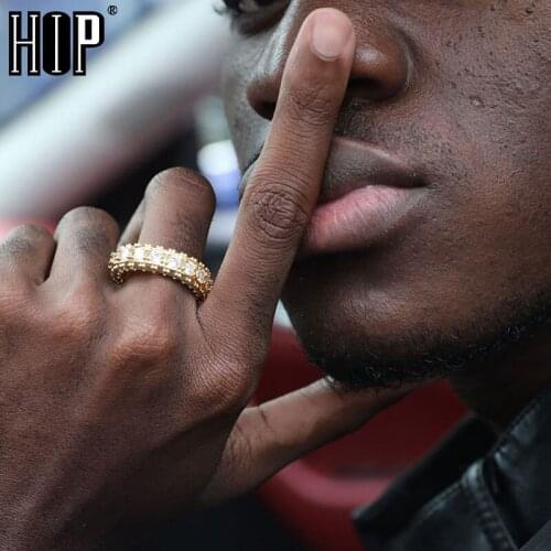 Hip Hop Geometric Round Bling CZ Iced Out Copper AAA Cubic Zircon Ring For Men Women Jewelry Gold