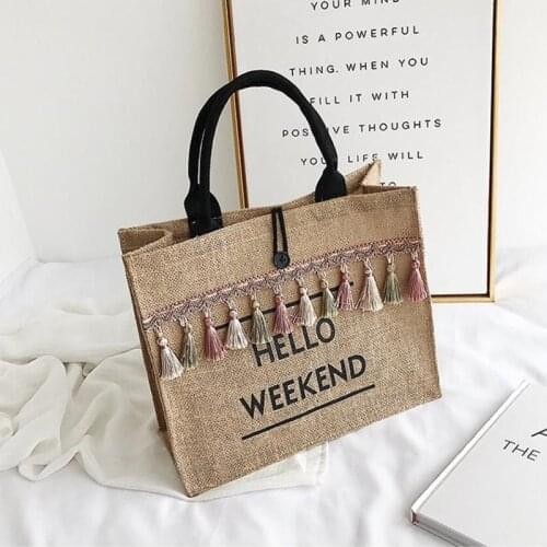 Canvas Handbag Women Large Capacity Tassel Shoulder Bag Simple Letter Top-handle Bag Linen Lady Tote Shopping Weekend Bag Bolso