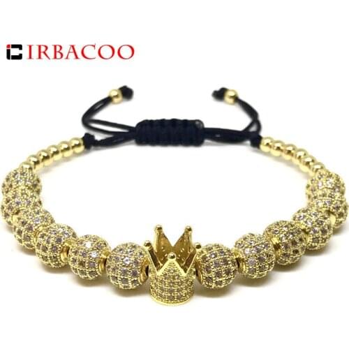 IRBACOO 2020 Hot Trendy Men Bracelet Gold Pave Clear CZ Disco Ball & Crown Charm Bracelets
