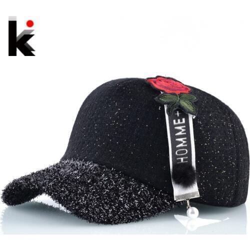 Womens Baseball Caps Snapback Autumn And Winter Rose Embroidery Pearl Ribbon Hats For Lady Street Wear Gorras Female Casquette