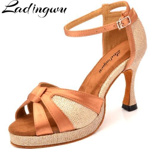 Ladingwu Women Ballroom Dance Shoes Platform Glitter High Heel Ladies Standard Dancing Shoes Anti-Slip Outsole Champagne Dance