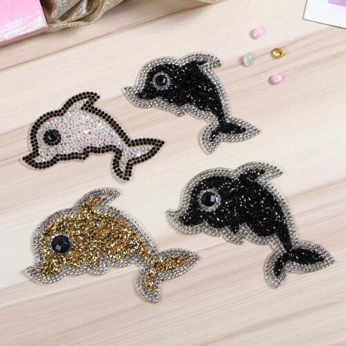 Cute Animal Rhinestone Patches Cute Dolphin Animal Patch Cartoon Clothes Stickers Crystal Thermo DIY Iron On Transfer Badges
