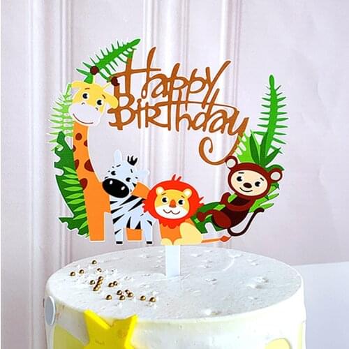 Cute Cartoon Jungle Party Animals Happy Birthday Cake Toppers Monkey Letter Acrylic Cake Dessert Decoration for Kids Birthday