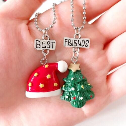 Resin Christmas Tree Hat Pendant Necklace Children BFF 2 Best Friends Friendship Jewelry Merry Christmas Gifts For Kids