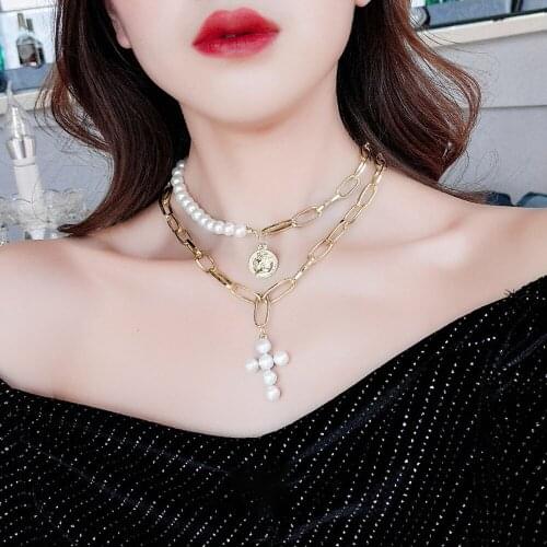 Big Pearl Cross Multi-Layer Necklace Women Chain Pendant Portrait Choker Gold Color Chunky Chain Necklaces Girls Party Jewelry