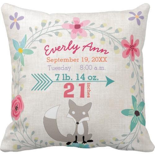 Personalized Birth Stats Baby Girl Woodland Creatures Fox Polyester Cotton Cushion Cover Home Decorative Throw Pillow Case Gift