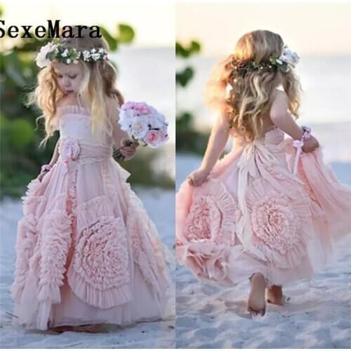 Pink Flower Girl Dresses Spaghetti Ruffles Lace Vintage Little Girl Gowns for Communion Boho Wedding Party Dress for Princess