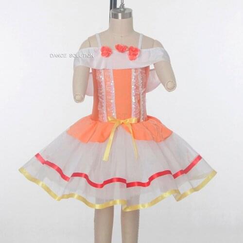 Professional Stage Costumes Girl Pancake Tutus Orange Ballet Dance Dress with Colored Bow Ribbons Adult Women Dancewear 17279