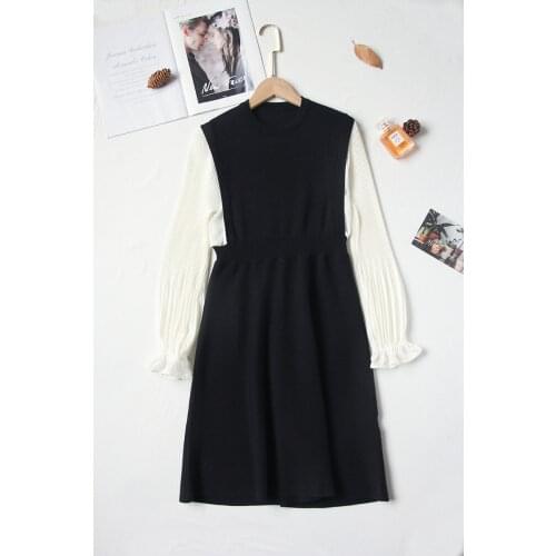 Early spring new simple high-level temperament black and white series stitching fake two piece design pleated Lantern Sleeve