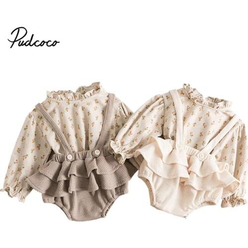 0-3Years Infant Baby Girls Long Sleeve Floral Shirt Overall Waff Plaid Shorts 2Pcs Spring Autumn Outfits