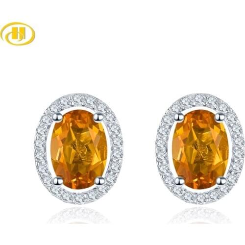 Hutang Oval 7x5mm Citrine Solid 925 Sterling Silver Stud Earrings Natural Gemstone Fine Elegant Simple Women Jewelry for Gift