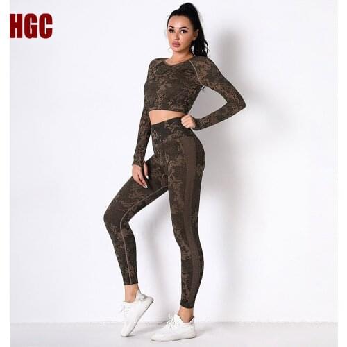 HGC Sports Seamless Suit Women 2 Piece Yoga Set Gym High Waist Hip Lifting Workout Leggings Top Long Sleeve Fitness Sportwear