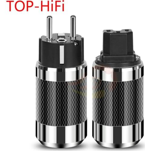 TOP-HiFi pair Carbon Fiber Rhodium Plated Electrical IEC Female Connector EU EUR Schuko Power Plug Socket AC Power Cable