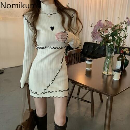 Nomikuma 2021 New Knitted Bodycon Dresses Contrast Color Long Sleeve Turtleneck Stretch Dress Women Love Heart Pattern Robe