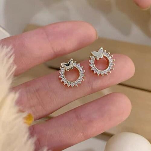 U-Magical Temperament Circle Hollow Out Butterfly Stud Earring for Women Bling Bling Rhinestone Metallic Earring Jewellery