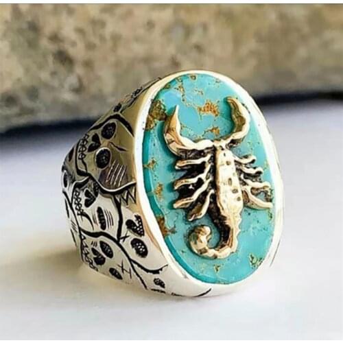 Unique Bohemia Stone Mosaic Ring Band Carved Skull Scorpio Animal Large Oval Ancient National Knuckle Women Men Ring Jewelry