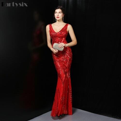 Partysix Sexy Long Sequin Evening Dress Red V Neck Evening Gowns Sleeveless Sheer Back Prom Party Formal Dresses