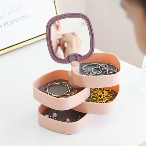Rotatable Four-layer Desktop Storage Box, Multifunctional Flannel Jewelry Box with Mirror, Cosmetics Jewelry Organizer Box