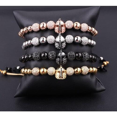 High Quality Luxury Men Jewelry Bracelet 8mm CZ Micro Pave Ball Helmet Charm Adjustable Beads Macrame Bracelet