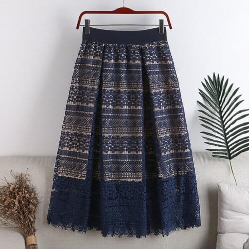 Autumn Winter High Waist A-Line Skirt Zipper Lace Hollow Out Embroidery Mid-Length Skirt