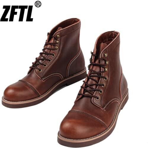 ZFTL Mens American Retro Cowhide Tooling mens boots oil wax leather Army boots Trendy Ankle boots outdoor Martins Boots Male