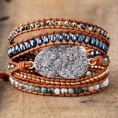Women Bracelets Unique Natural Stones Rhinestones Gilded Druzy Charm 5 Layers Leather Wrap Bracelets Boho Bracelet Dropship