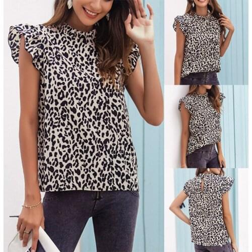 Ladies High Neck Petal Sleeve Leopard Print Fashion Tops Picture Color