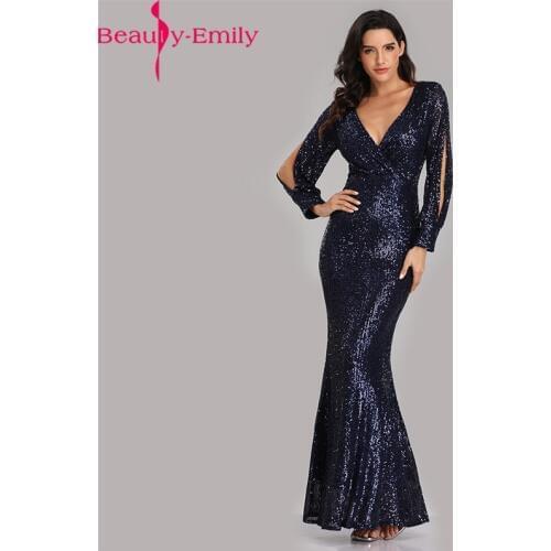 Beauty Emily Sexy Deep V Neck Long Sleeve Mermaid Evening Dress New Arrival Navy Blue Sequined Prom Dress Vestidos De Fiesta