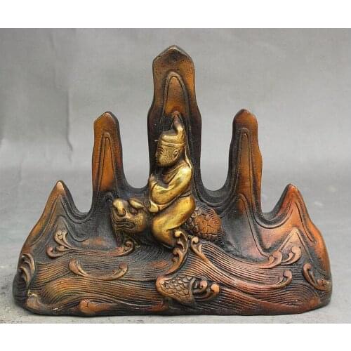 Zhmui8800626885+++Chinese Bronze Gilt Li Bai Ride Dragon Fish Four Treasures Study Statue Pen Rack