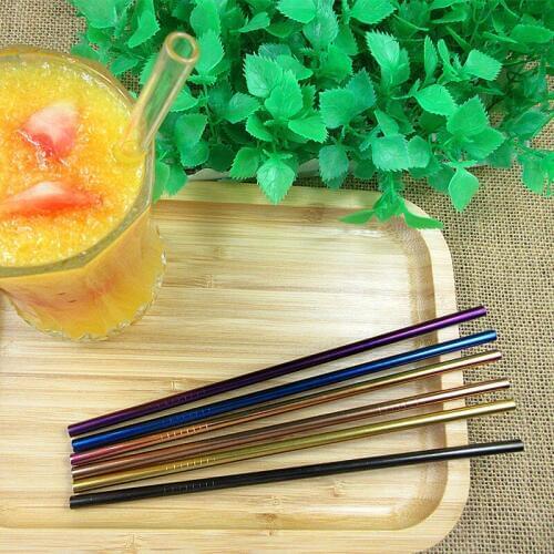 10pcs Metal Straight 6MM Drinking Straw Black Eco-Friendly Stainless Steel With Rainbow Brush Food Grade Bar Accessories