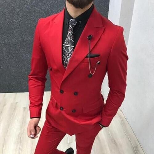 2020 Fashion Design Slim Fit Red Peaked Lapel Men Wedding Suits Double Breasted Jacket Custom Made Formal Groom Tuxedos