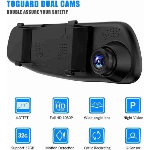 4.3 Inch Car DVR Video Recorder Night Vision Dash Cam Full HD 1080P Mirror Cam 170° Wide Angle Car Dvr Camera Rear View Dashcam