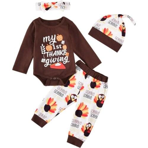 0-24M Toddler Baby Boy Girl Thanksgiving Clothing 4Pcs Hat Headband Long Sleeve Print Turkey Romper Top Long Pant Outfit Set