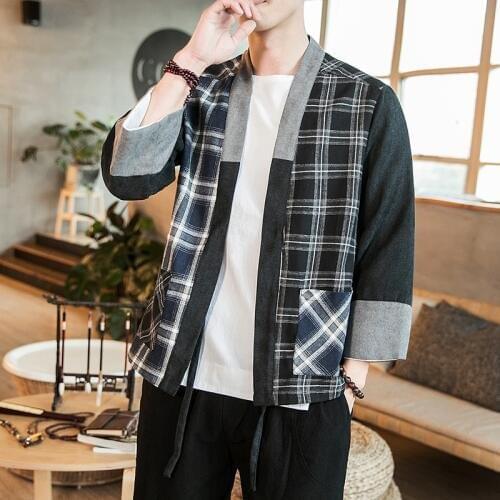 #4310 Spring Summer Linen Kimono Jacket Men Vintage Loose Cardigan Plaid Men Kimono Coat Plus Size 5XL Chinese Style Windbreaker