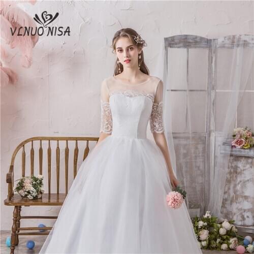 Chaep off White Wedding Dresses for bride Dress gown Simple plus size Customer made size Half Sleeve O Neck