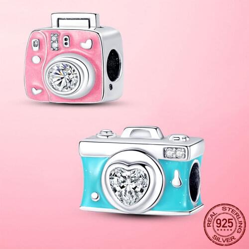 Camera Beads 925 Sterling Silver Heart CZ Pink & Blue Camera Heart Love Charm Beads Fit Original Bracelet Silver Jewelry Gift